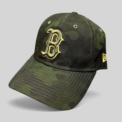 Raree Finds Boston Red Sox New Era 9TWENTY strapback hat in woodland camouflage with black and gold embroidered B logo