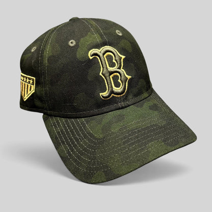 Raree Finds Boston Red Sox New Era 9TWENTY camo strapback hat with black and gold embroidered B logo and side patch.