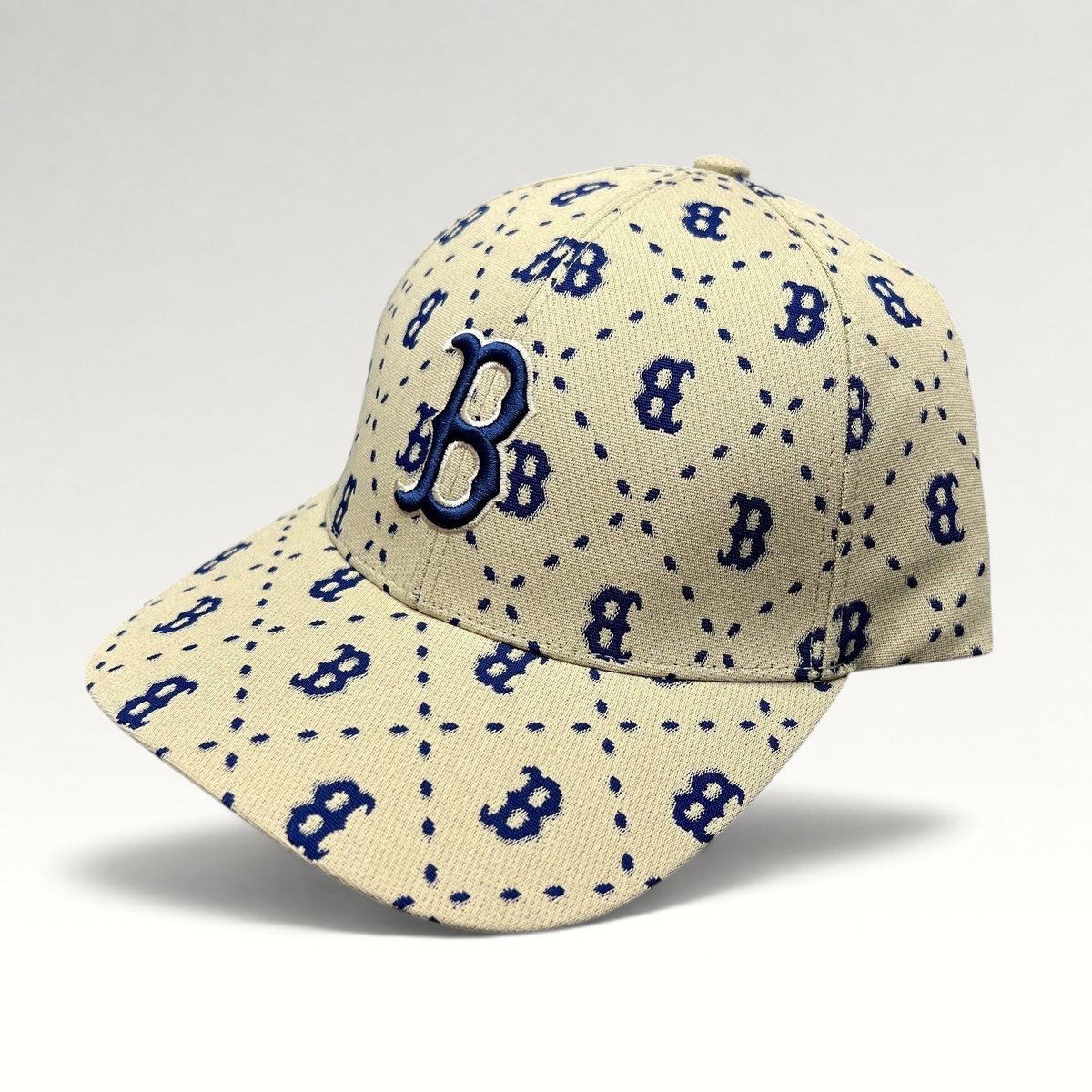 Raree Finds MLB Korea Boston Red Sox strapback hat in beige with a blue monogram B pattern and raised front logo.