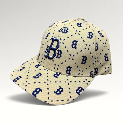 Raree Finds MLB Korea Boston Red Sox strapback hat in beige with a blue monogram B pattern and raised front logo.