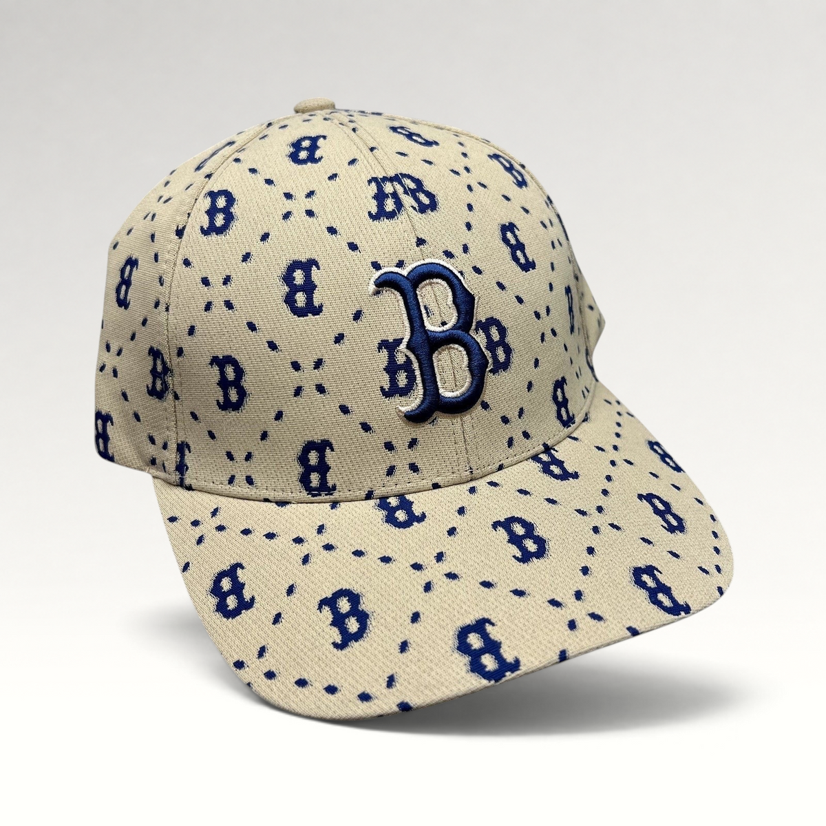 Raree Finds MLB Korea Boston Red Sox beige and blue monogram strapback hat with raised embroidered B logo