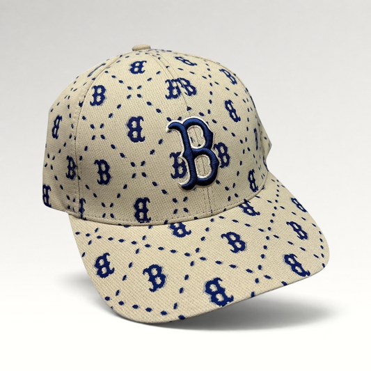 Raree Finds MLB Korea Boston Red Sox beige and blue monogram strapback hat with raised embroidered B logo