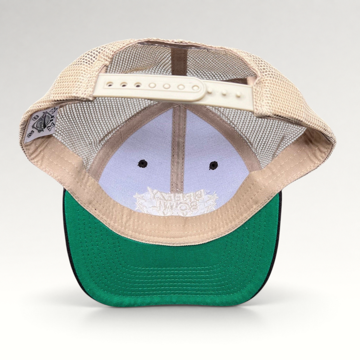 Raree Finds Breezy Bowl XX Chris Brown trucker hat showing the interior green underbill and adjustable snapback strap