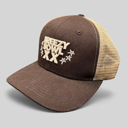Raree Finds brown and tan Breezy Bowl XX trucker hat with embroidered lettering and mesh back panels.