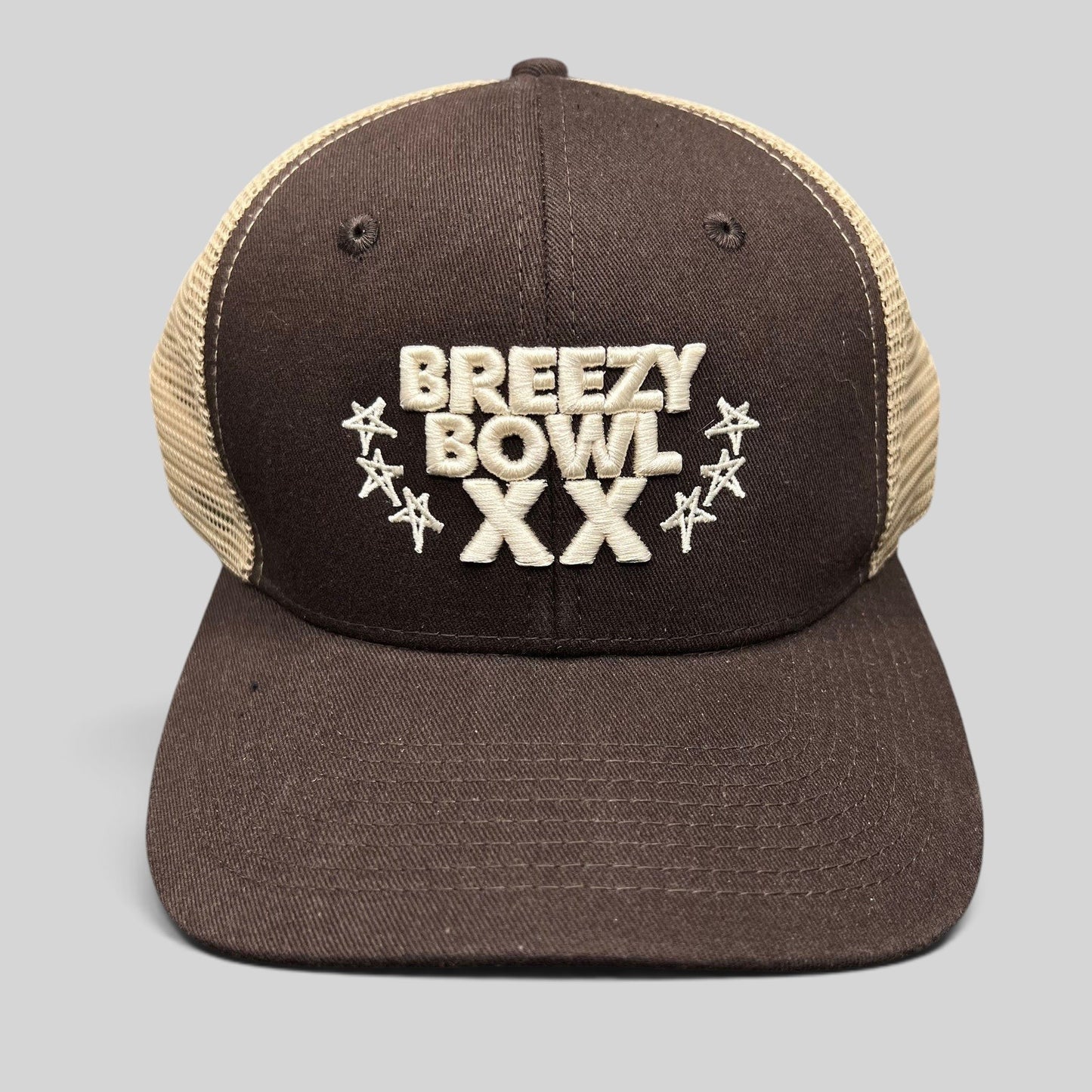 Raree Finds brown and tan Breezy Bowl XX trucker hat with embroidered front logo and mesh back panels