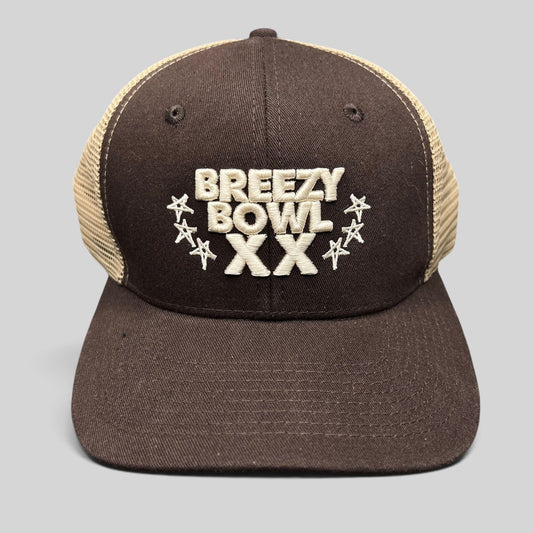 Raree Finds brown and tan Breezy Bowl XX trucker hat with embroidered front logo and mesh back panels