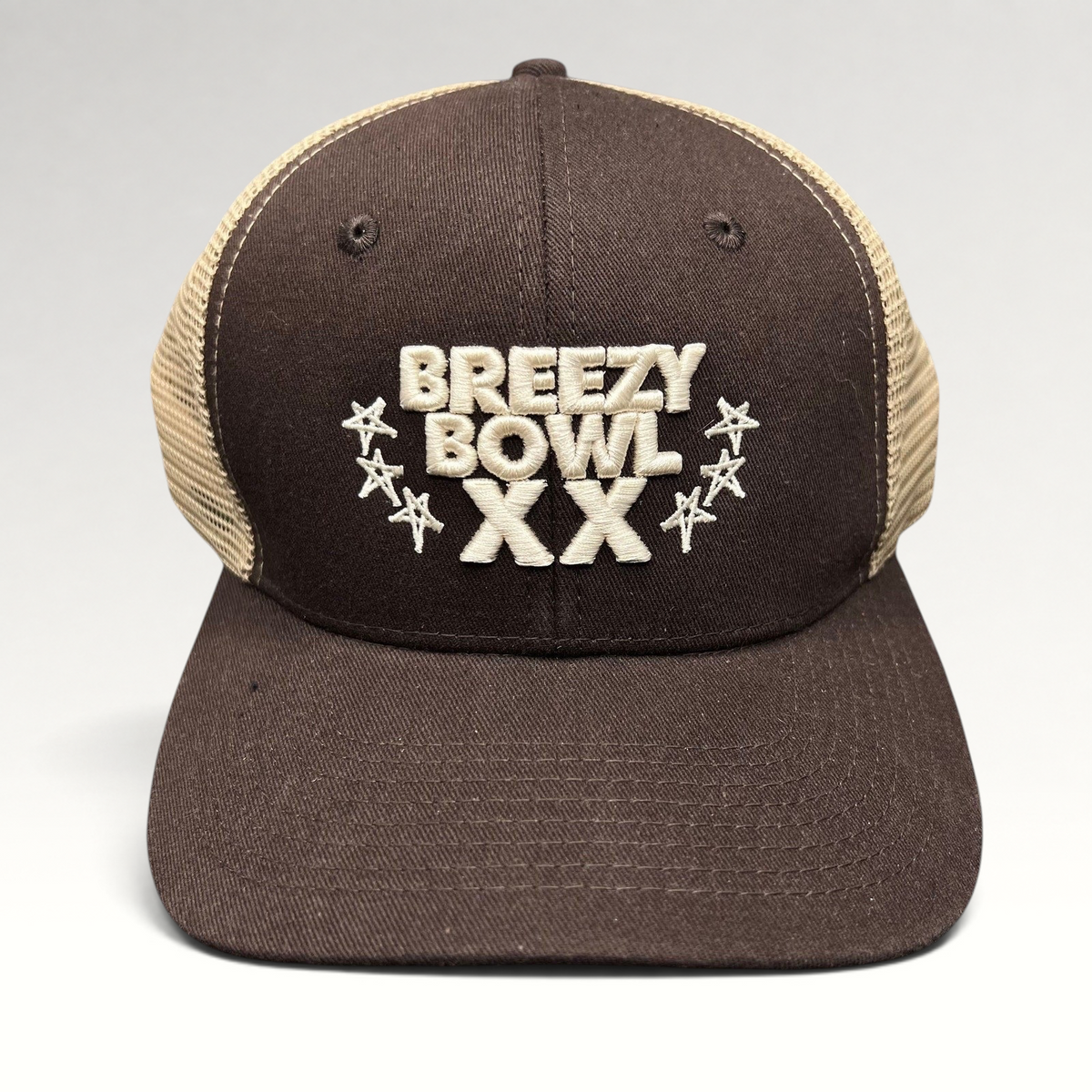 Raree Finds brown and tan Breezy Bowl XX trucker hat with embroidered front logo and mesh back panels