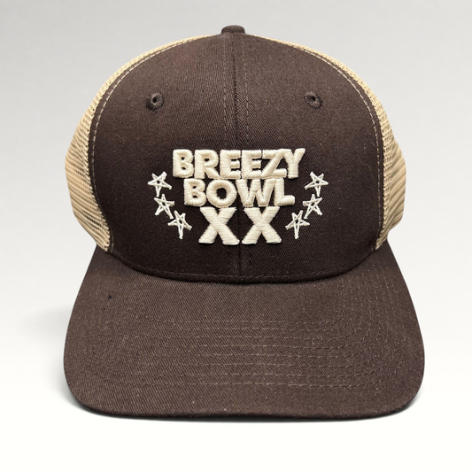 Raree Finds brown and tan Breezy Bowl XX trucker hat with embroidered front logo and mesh back panels