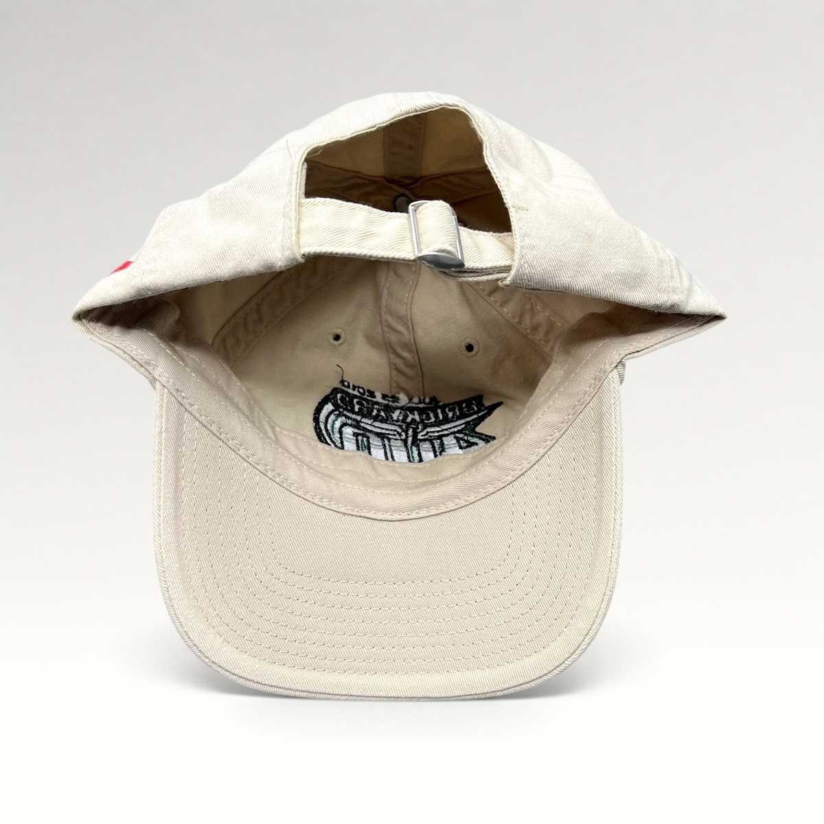 Raree Finds cream cotton 2010 Brickyard 400 NASCAR strapback hat with adjustable metal buckle, rear view