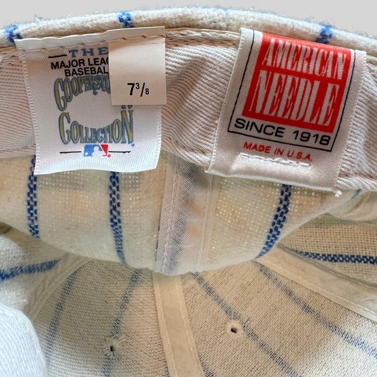 Raree Finds vintage American Needle Brooklyn Dodgers hat interior labels showing size 7 3/8 and MLB Cooperstown tag