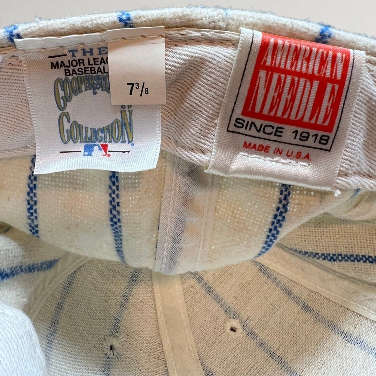 Raree Finds vintage American Needle Brooklyn Dodgers hat interior labels showing size 7 3/8 and MLB Cooperstown tag