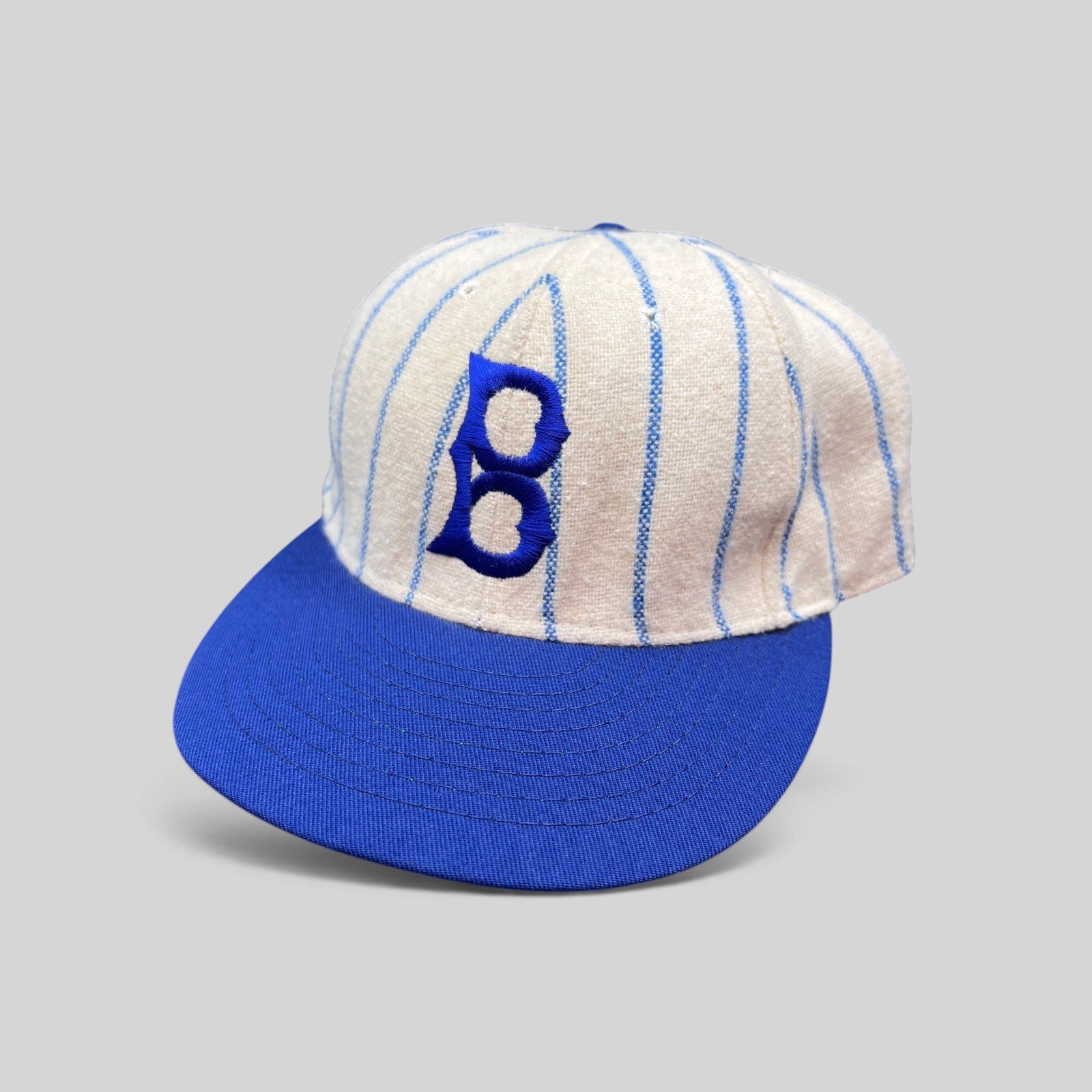 Raree Finds vintage Brooklyn Dodgers pinstripe wool baseball cap with blue B logo and royal blue brim