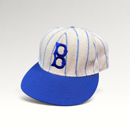 Raree Finds vintage Brooklyn Dodgers pinstripe wool baseball cap with blue B logo and royal blue brim