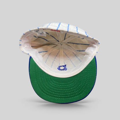 Raree Finds vintage Brooklyn Dodgers pinstripe wool baseball cap interior showing green underbrim and logo embroidery