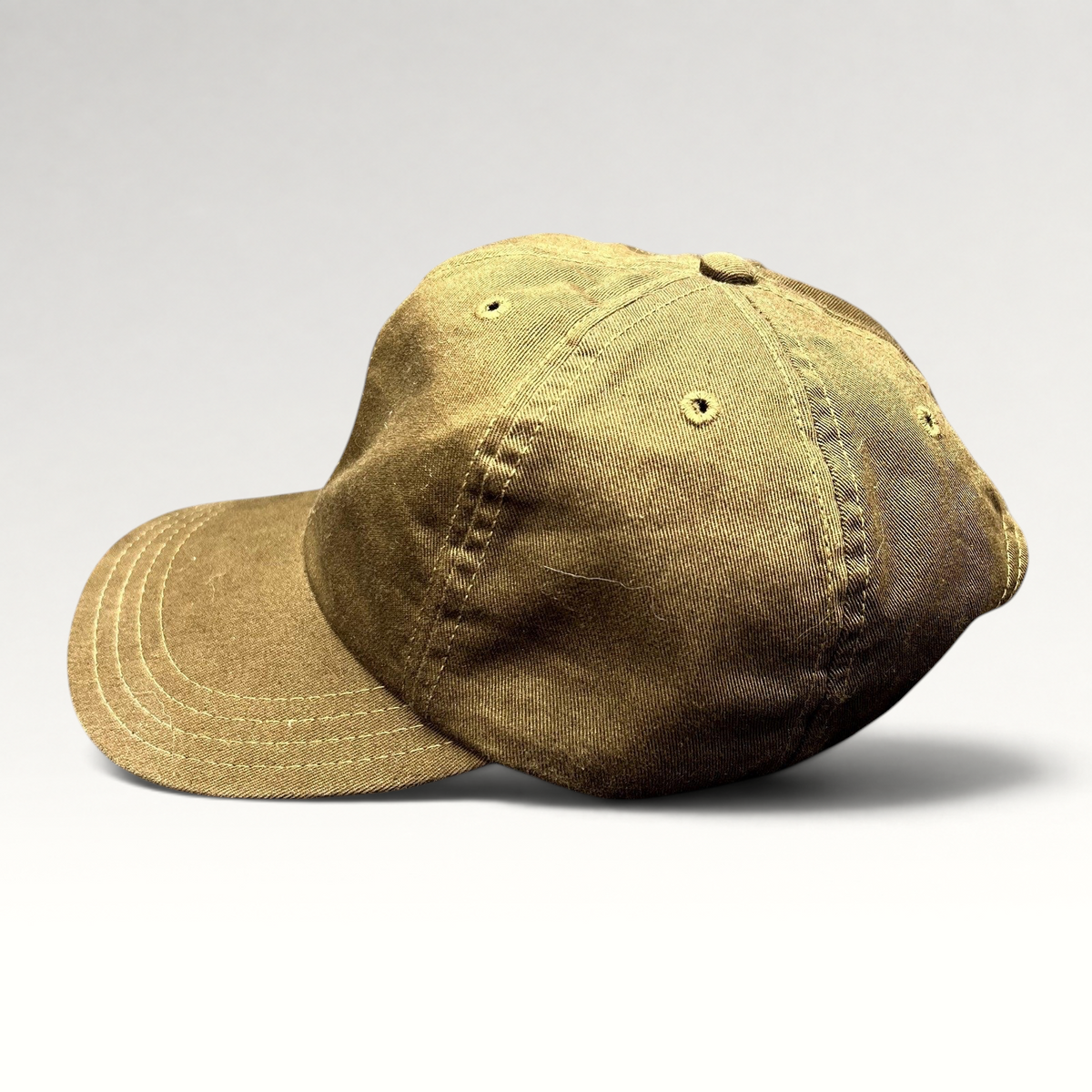 Raree Finds brown cotton strapback cap with a relaxed, low-profile fit and classic baseball hat construction.