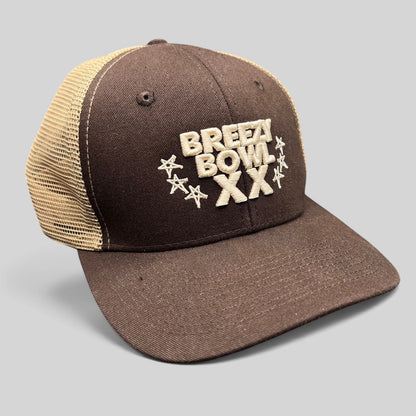 Raree Finds brown and tan Breezy Bowl XX Chris Brown tour trucker hat with mesh back and embroidered front logo