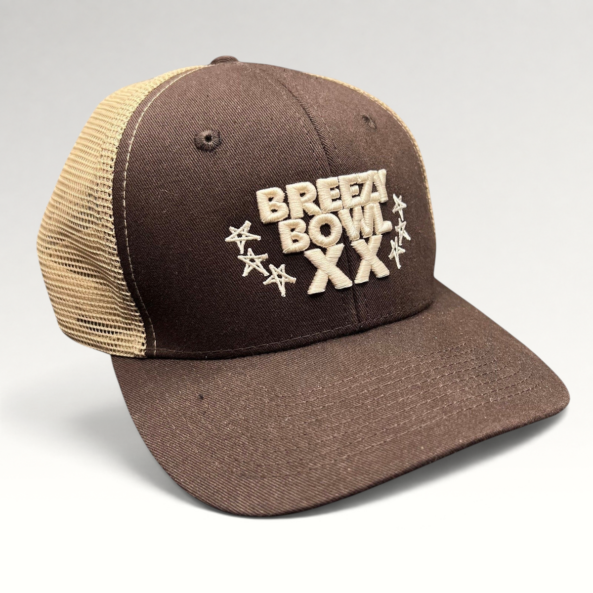 Raree Finds brown and tan Breezy Bowl XX Chris Brown tour trucker hat with mesh back and embroidered front logo