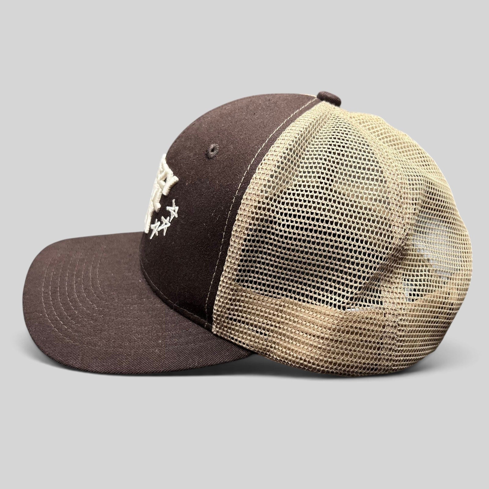 Raree Finds brown and tan Breezy Bowl XX trucker hat with mesh back panels and embroidered front logo