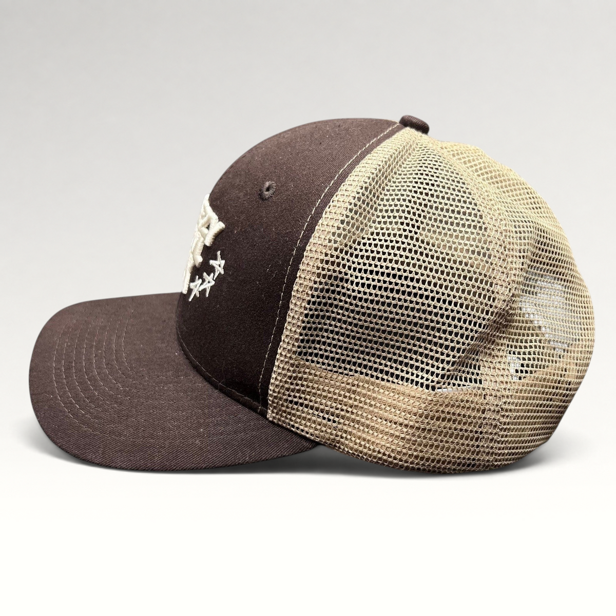Raree Finds brown and tan Breezy Bowl XX trucker hat with mesh back panels and embroidered front logo