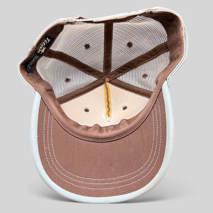 Raree Finds brown and white mesh trucker hat with interior Titan Headwear branding and adjustable snapback closure