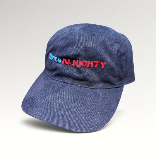 Raree Finds vintage 2003 Bruce Almighty navy blue cotton dad cap with embroidered red and blue movie logo