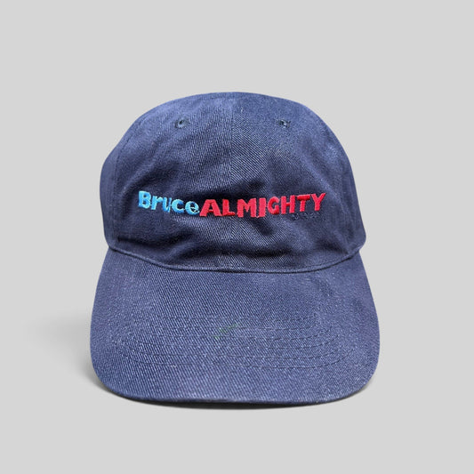 Raree Finds vintage 2003 Bruce Almighty navy blue cotton dad cap with embroidered two-tone logo and brass strapback.
