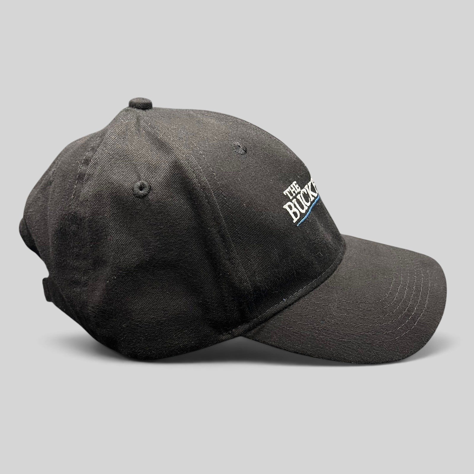 Raree Finds black cotton strapback hat with The Bucket List movie embroidery and blue underline detail
