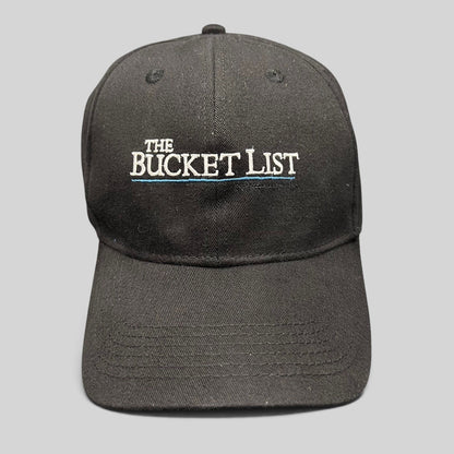 Raree Finds black cotton strapback hat featuring white and blue The Bucket List movie cast and crew embroidery