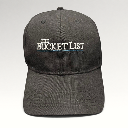 Raree Finds black cotton strapback hat featuring white and blue The Bucket List movie cast and crew embroidery