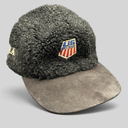 Raree Finds vintage BULA USA Ski Team strapback hat in black sherpa fleece with a suede brim and embroidered patch.