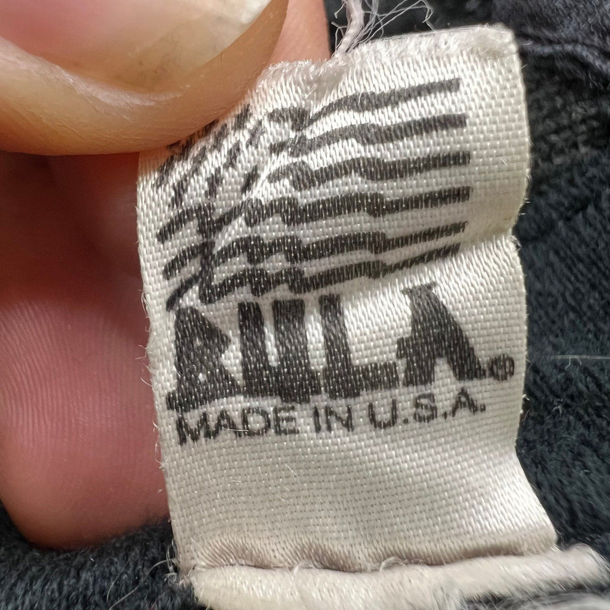 Raree Finds vintage BULA USA Ski Team hat fabric tag showing Made in U.S.A. text and brand logo