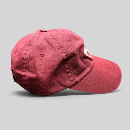 Raree Finds burgundy cotton strapback hat featuring an embroidered Bacardi bat logo on the front
