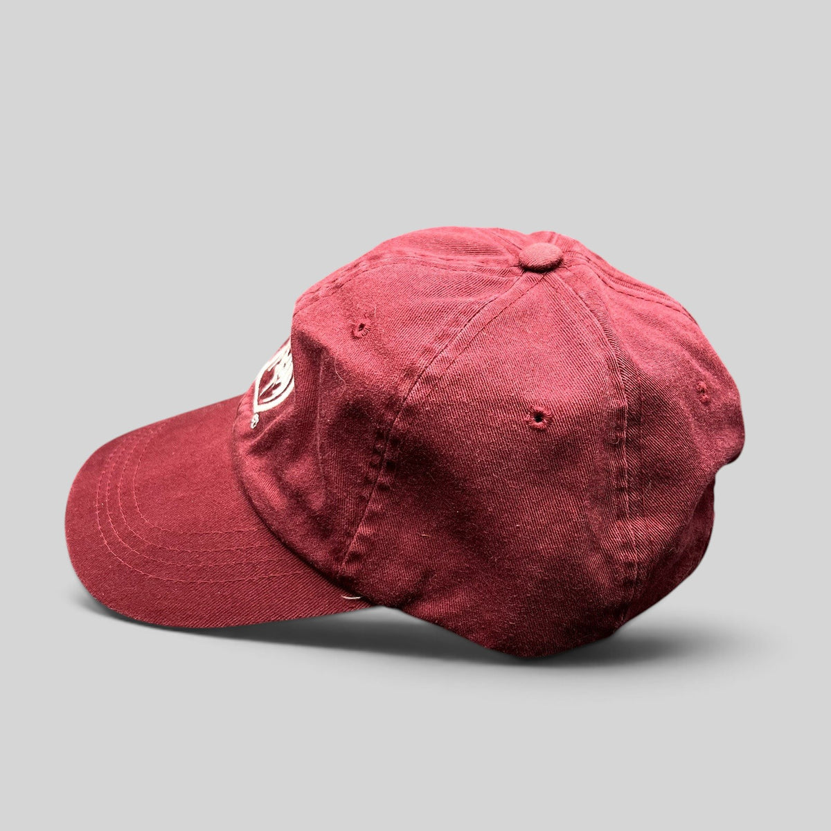 Raree Finds burgundy cotton strapback hat featuring an embroidered Bacardi bat logo on the side profile