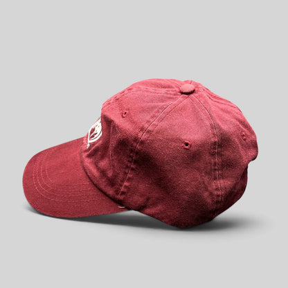 Raree Finds burgundy cotton strapback hat featuring an embroidered Bacardi bat logo on the side profile