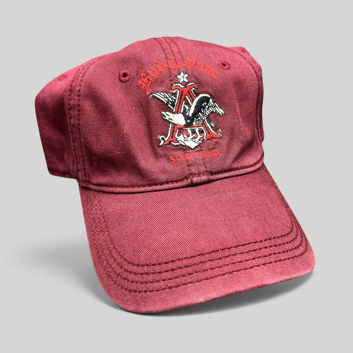 Raree Finds burgundy Lucky Brand x Budweiser cotton strapback hat with embroidered eagle logo and curved brim