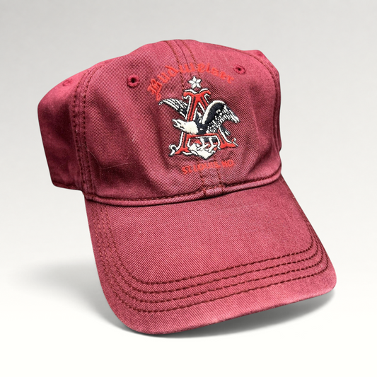 Raree Finds burgundy Lucky Brand x Budweiser cotton strapback hat with embroidered eagle logo and curved brim