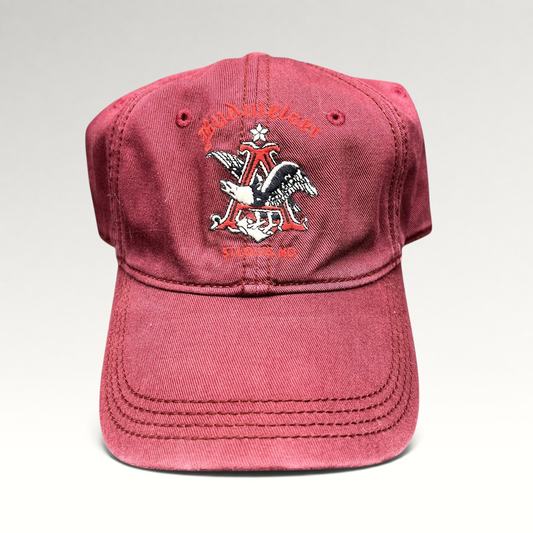 Raree Finds burgundy Lucky Brand x Budweiser cotton dad hat with embroidered eagle logo and curved brim