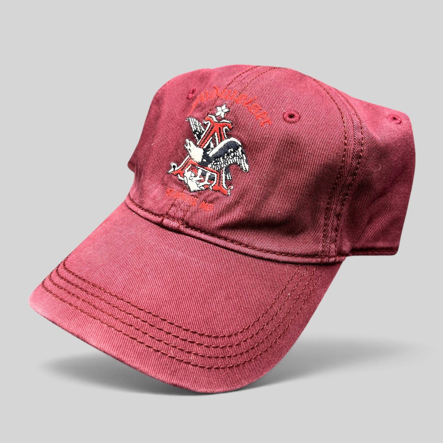 Raree Finds burgundy Lucky Brand x Budweiser cotton strapback hat with embroidered eagle logo and curved brim