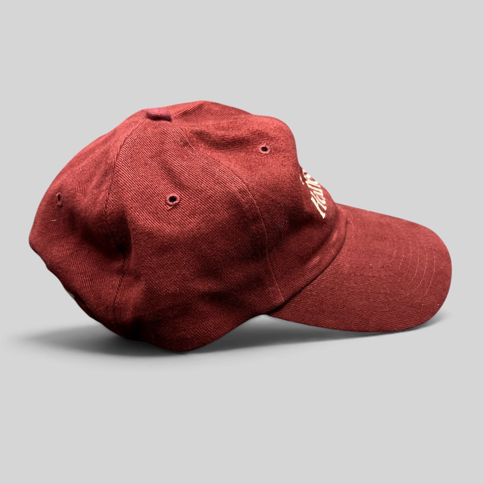 Raree Finds vintage burgundy cotton Hennessy Cognac dad cap with embroidered logo and adjustable brass buckle strapback