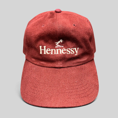 Raree Finds vintage burgundy cotton dad cap with embroidered white Hennessy logo and Bras Armé emblem