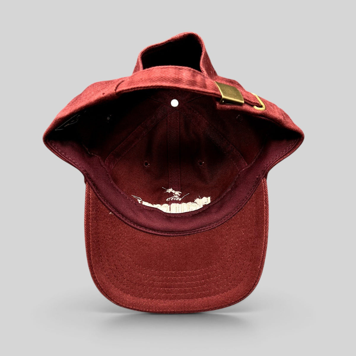 Raree Finds vintage burgundy cotton Hennessy Cognac dad cap with adjustable brass buckle strapback closure
