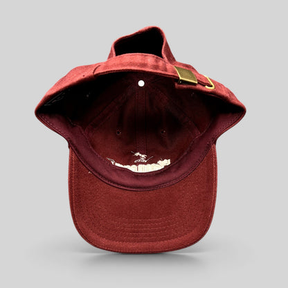 Raree Finds vintage burgundy cotton Hennessy Cognac dad cap with adjustable brass buckle strapback closure