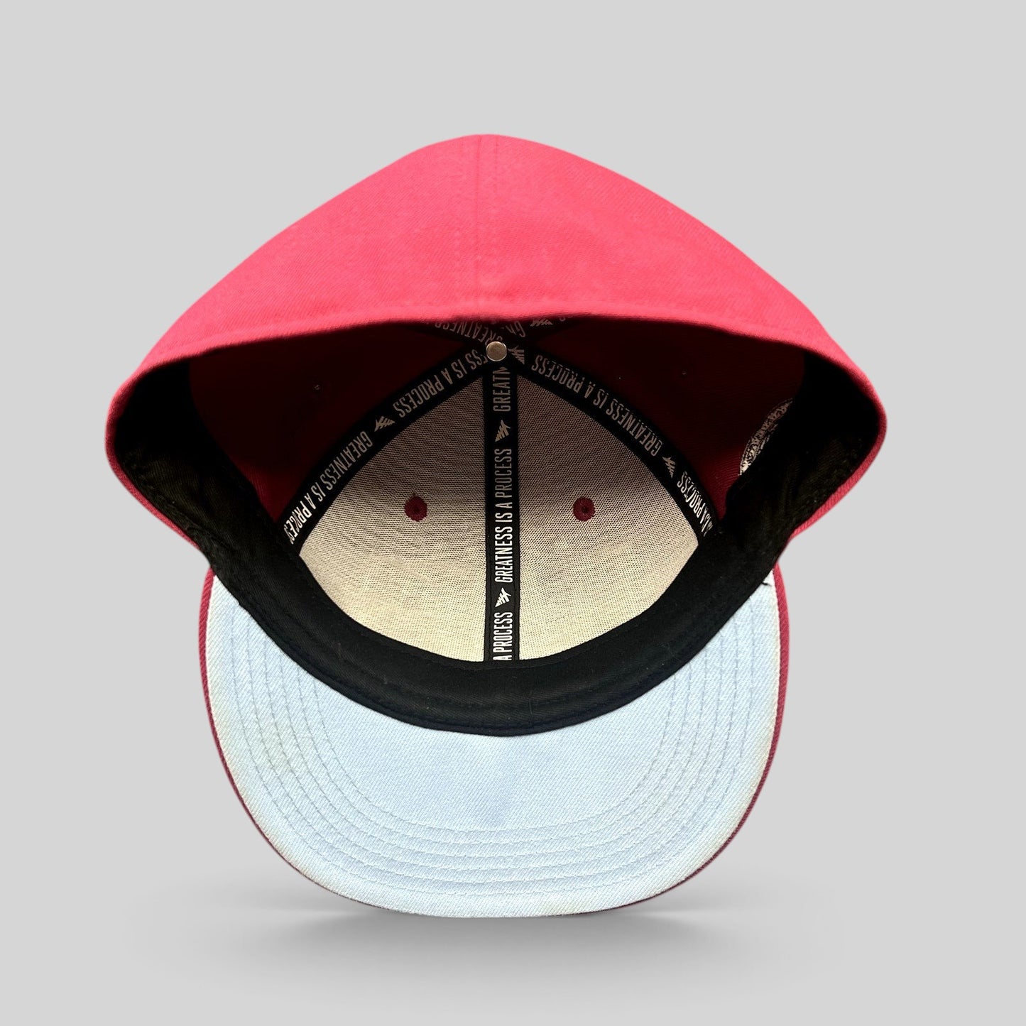 Raree Finds burgundy Paper Planes fitted hat interior showing signature Greatness Is A Process motivational taping