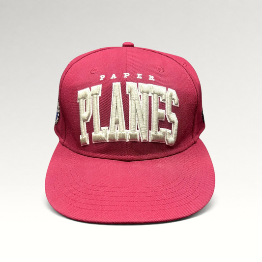 Raree Finds burgundy Paper Planes fitted hat with raised white 3D PLANES embroidery and side logo patches