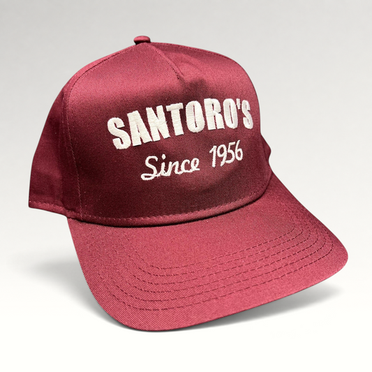 Raree Finds burgundy Otto Cap snapback hat with white embroidered Santoro’s Since 1956 logo and flat brim