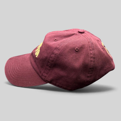 Raree Finds burgundy strapback hat with gold Scarpetta embroidery and Al Bronzo Barilla branding on the side