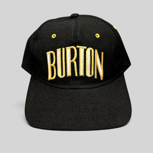 Raree Finds vintage Burton Snowboards snapback hat in black with gold and white embroidered lettering