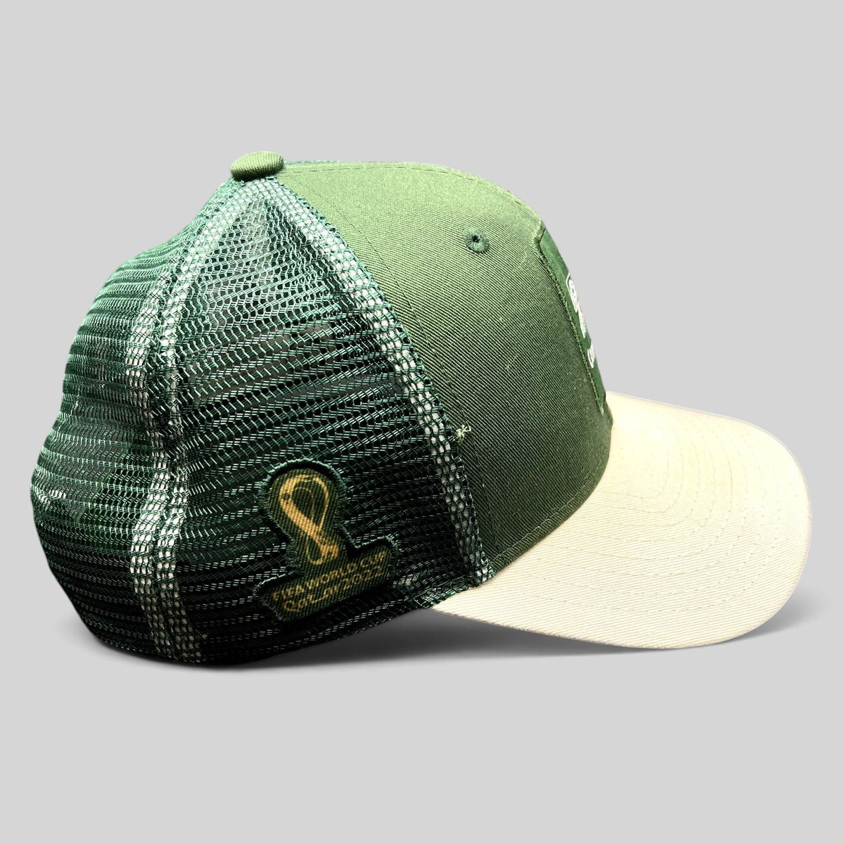 Raree Finds FIFA World Cup Qatar 2022 Cameroon trucker hat in green and white with mesh back and tournament logo patch