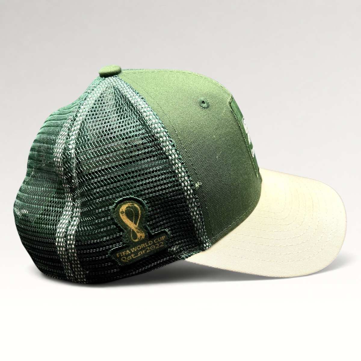 Raree Finds FIFA World Cup Qatar 2022 Cameroon trucker hat in green and white with mesh back and tournament logo patch