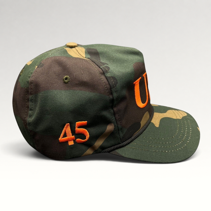Raree Finds woodland camo snapback hat with orange 45 and USA embroidery and black rope detail on the brim